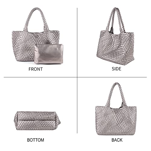 Image of Woven Tote Bag for Women Retro Handwoven Shoulder Travel Handbag Large Capacity Hobo Vegan Leather Bags with Purse