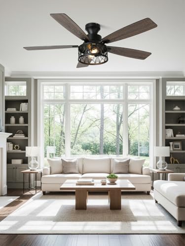 Image of 52 inch Farmhouse Rustic Flush Mount Caged Ceiling Fan with Light