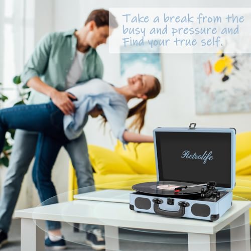 Image of Portable Suitcase Record Player, 3-Speed Belt-Driven Vinyl Turntable with Bluetooth, Built-in Speakers, RCA Line Out, AUX, Headphone Jack, Vintage Haze Blue