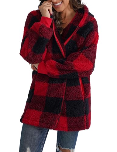 ABINGOO Damen Teddy Fleece Mantel Kariert Warm Winterjacke Kapuzenjacke Flauschig Plüschjacke Reißverschluss Sweatshirt mit Kapuze und Taschen(Rot,L)