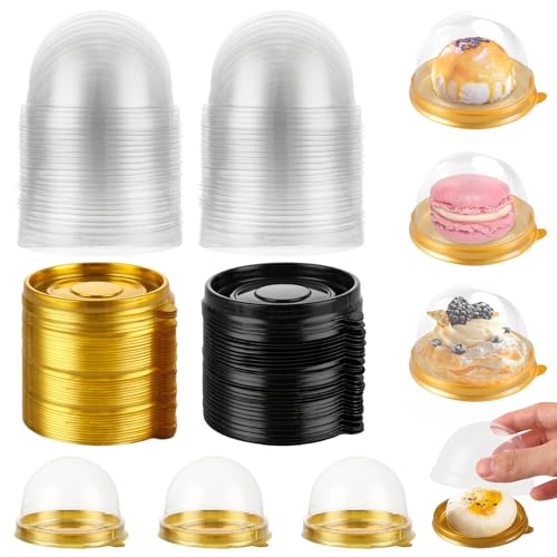 WOPPLXY 200 Pcs Mini Bundt Cake Containers, Clear Plastic Cupcakes Containers Muffin Mooncake Holder, Mini Cupcake Boxes with Dome Lid for Cheese Pastry Dessert Mooncake (100 Gold,100 Black)