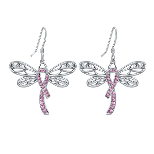 Aoboco 925 Sterling Silver Breast Cancer Awareness Dragonfly Pink Ribbon Drop Dangle Earrings, Breast Cancer Survivor Jewelry Gifts For Women #TOP30