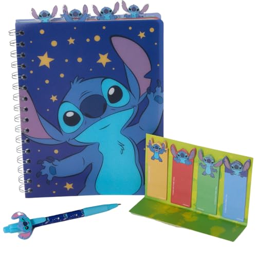 Disney Stitch Tab Journal Spiral Notebook, Ballpoint Pen, Sticky Tabs, 96 Lined Pages, Dark Blue
