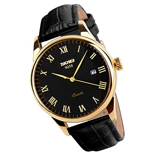 SKMEI Watch for Men Business Dress Classic Fashion Casual Black Leather Quartz Analog Waterproof Calendar Date Light Simple Wrist Watches Dad Fathers Gifts
