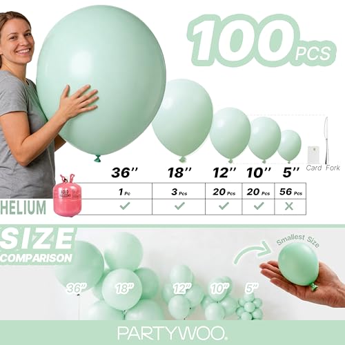 PartyWoo Mint Green Balloons 100 pcs Different Sizes Pack of 36 18 12 10 5 Inch Pastel Light Green Peppermint Balloon Arch Kit Garland for Graduation Baby Shower Birthday Party Decorations Green-Q06 by PartyWoo - Image 6