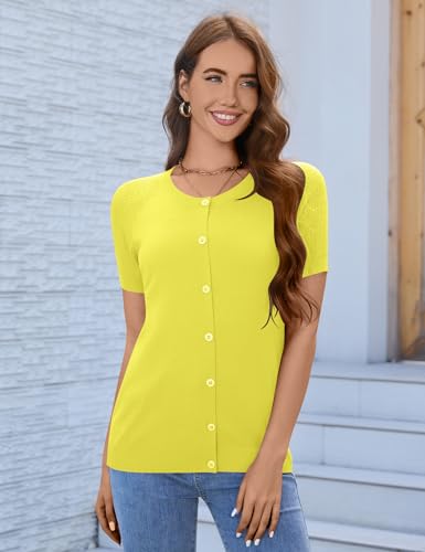 Image of FreshNight Women's 2025 Short Sleeve Cardigan Button Up Hollowed Out Crewneck Shrug Sweaters Knit Sweater Tops Lightweight