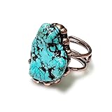 LDADAN Gemstone Rings for Women, Raw Crystal Rings with Soldering Bronze Band for Men, Handmade Boho Vintage Turquoise Fluorite Citrine Jewelry Open Ring, Adjustable Ring.