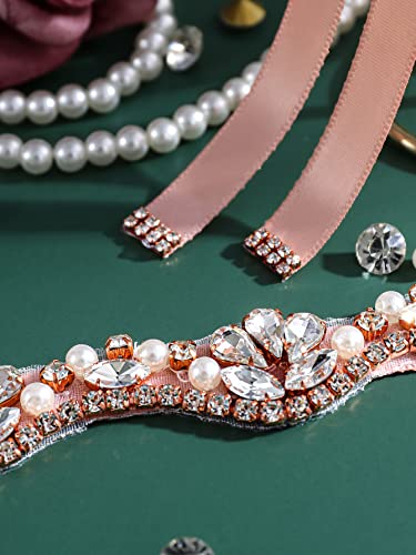 Yanstar Rose Gold Rhinestone Pearl Wedding Bridal Belt Sashes With Blush Ribbon For Prom Bridesmaid Dress #TOP5