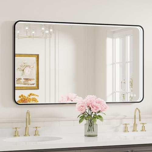 Twalsu 48x28 Inch LED Bathroom Mirror with Lights, Black Metal Framed LED Mirror for Bathroom, 3 Colors and Stepless Dimmable Wall Mounted Lighted Bathroom Vanity Mirror, Anti-Fog, Memory
