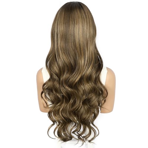 Sapphirewigs Brown Lace Front Wig Synthetic Body Wave Ombre Brown Balayage Synthetic Lace Front Wigs Party Date Daily Wear Christmas Natural Looking 26 inch - Image 2