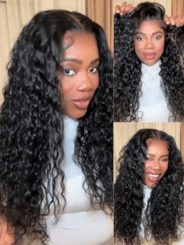 Nadula 13x6 Water Wave Drawstring Wig Human Hair for Women,Pre Cut Glueless Wet and Wavy Lace Frontal Wigs Pre Plucked Natural Hairline Ready to Wear Beginner Friendly 180% Density Black Color 16inch