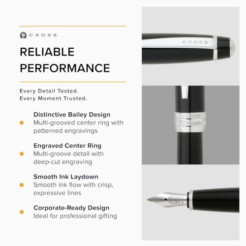 Image of Cross Bailey Refillable Fountain Pen, Medium Nib Gift Set, Includes Fountain Pen, Ink Cartridges, Bottle Ink, Converter, Premium Gift Box - Black