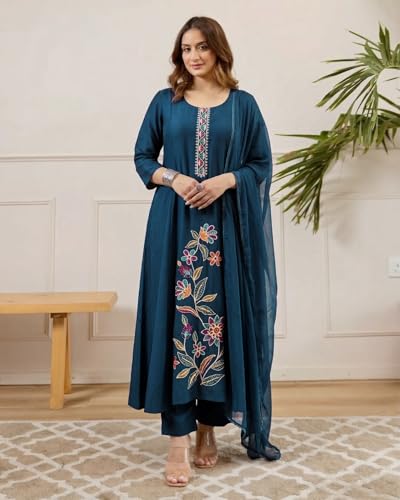 Image of ANNI Designer Kurta Sets for Women Viscose Embroidered | Kurti Set for Woman | Kurta Pant Dupatta Set | A Line Kurti | Round Neck 3 /4 Sleeve Suit Set for Women Stylish Ethnic Outfit Clothing