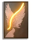 Modern Abstract Wall Art - 3D Feathered Face with Neon Light Accent, Framed Canvas Print for Home & Office Decor, Unique Contemporary Artwork for Living Room, Bedroom, or Office - 16x24 Inches