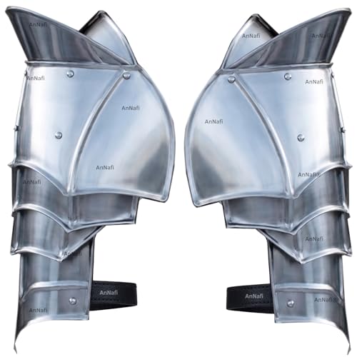 Image of AnNafi Medieval Pouldron Arm Shoulder Set | Viking Crusader Pauldrons Warrior Armor Steel Handmade Shoulder Armour Protector | SCA LARP Knight Metal Shoulder Guard Pair Silver Adult