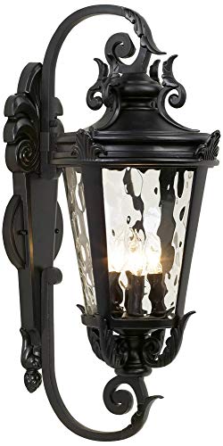 John Timberland Marseille Rustic Vintage Outdoor Wall Light Fixture Textured Black Scroll 27 1/2" Hammered Glass For Exterior House Porch Patio Outside Deck Garage Yard Front Door Garden Home #TOP1