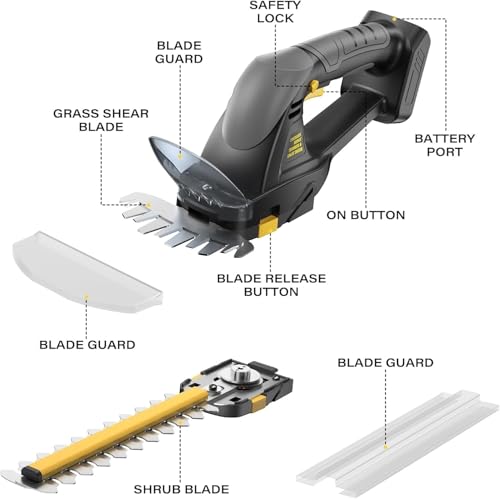 Cordless Hedge Trimmer (Tool Only), Compatible with DeWalt 20V MAX Battery, 2-in-1 Cordless Grass Shear 1500RPM, 3.3 lbs Handheld Shrub Clipper with Battery Protection, 8" & 4.7" Blades(Black)