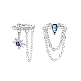 Injoehom Tassel Ear Cuff Chain Earrings Silver Non Piercing Blue Star Teardrop Cubic Zirconia Dainty Asymmetrical Design Chain Ear Cuff Clip On For Women (Silver)