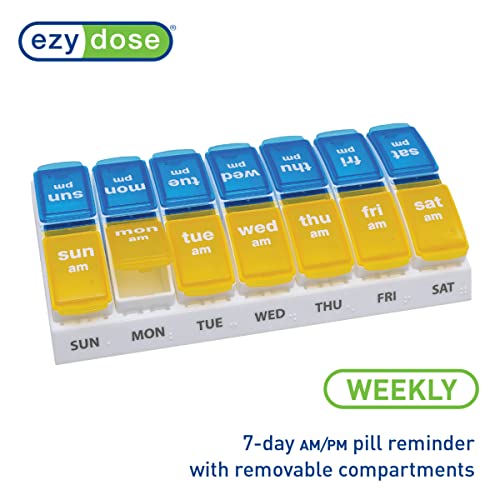 EZY DOSE Weekly AM/PM Pill Organizer, 7-Day Vitamin and Medication Box with Large Pop-Out Compartments, 2 Times a Day Pill Holder for Easy Dosing, Yellow and Blue Lids, Travel-Friendly Design - Thumbnail 5