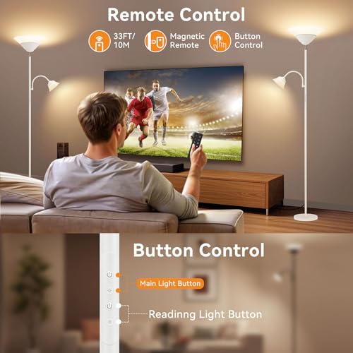 Image of SIBRILLE 2-in-1 Torchiere Floor Lamp, 34W Super Bright LED Standing Lamp with Remote & Touch Control, 72 inch Dimmable Adjustable Corner Reading Lamp for Living Room, Bedroom, Office, White