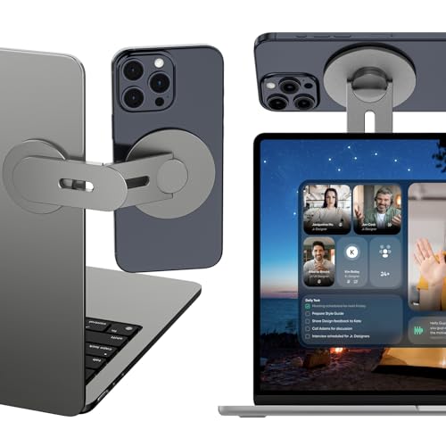 ALAFLY Magnetic Laptop Phone Holder Compatible with MagSafe iPhone/Samsung, 110° Foldable & 180° Adjustable Side Phone Mount for Computer/Tesla/Monitor/All Phones, Gray