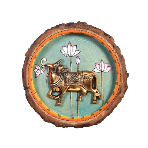 Image of AAKRITI ART CREATIONS Nandi Wall Art, Handcrafted Wooden Decor with Sacred Bull and Lotus Motif, Dhokra Art Set of 1, Multi Color Wall Panel | Matte Finish Mango Wood| Living Room, Bedroom, Office