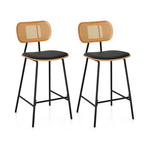 FANTASK Juego de 2 taburetes de Bar con Respaldo de ratán y Asiento Acolchado, Silla de Bar con reposapiés, soporta hasta 140 kg, para Cocina, salón, cafetería