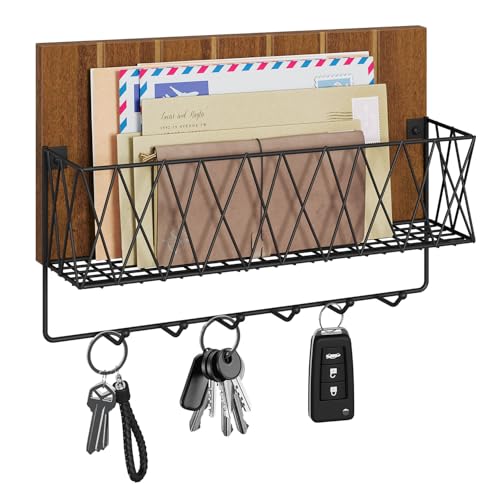YINMIT Key and Mail Holder Wall Mount, Mail Organizer Wall Mounted with 6 Hooks, Key Holder for Wall Key Racks Key Organizer Key Hooks for Entryway Hallway Bedroom Home Decor (Brown, Large)