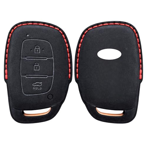 Image of KMH Alcantara Car Key Cover Compatible Hyundai Grand i10 NIOS Asta | Venue | i20 | Aura | Creta | Elantra 3 Button Shell Case Holder Full Key Protector Smart Keycover (D1) Black - Pack of 1