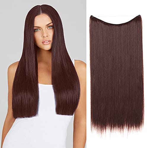 SARLA Short Halo Hair Extensions Dark Auburn Straight Synthetic Hairpieces 14 Inch 3.2 Oz Invisible Wire Headband for Women Heat Resistant Fiber No Clip