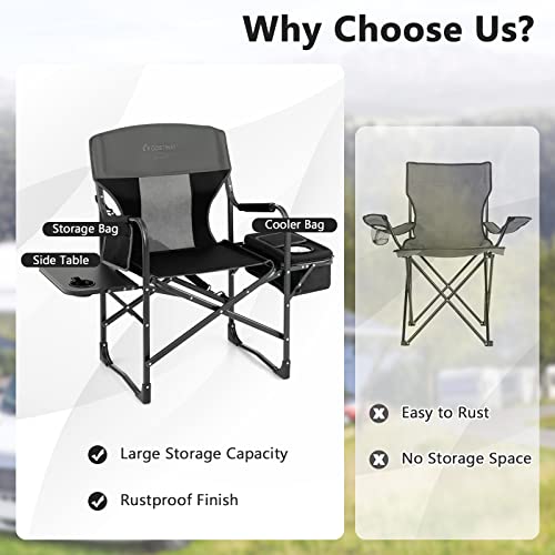 COSTWAY Folding Camping Chair, Heavy-Duty Director Chair Supports 400lbs for Adults with Side Table, Cooler Bag, Storage, Strap, Portable Makeup Chair Suitable for Fishing Picnic, Black