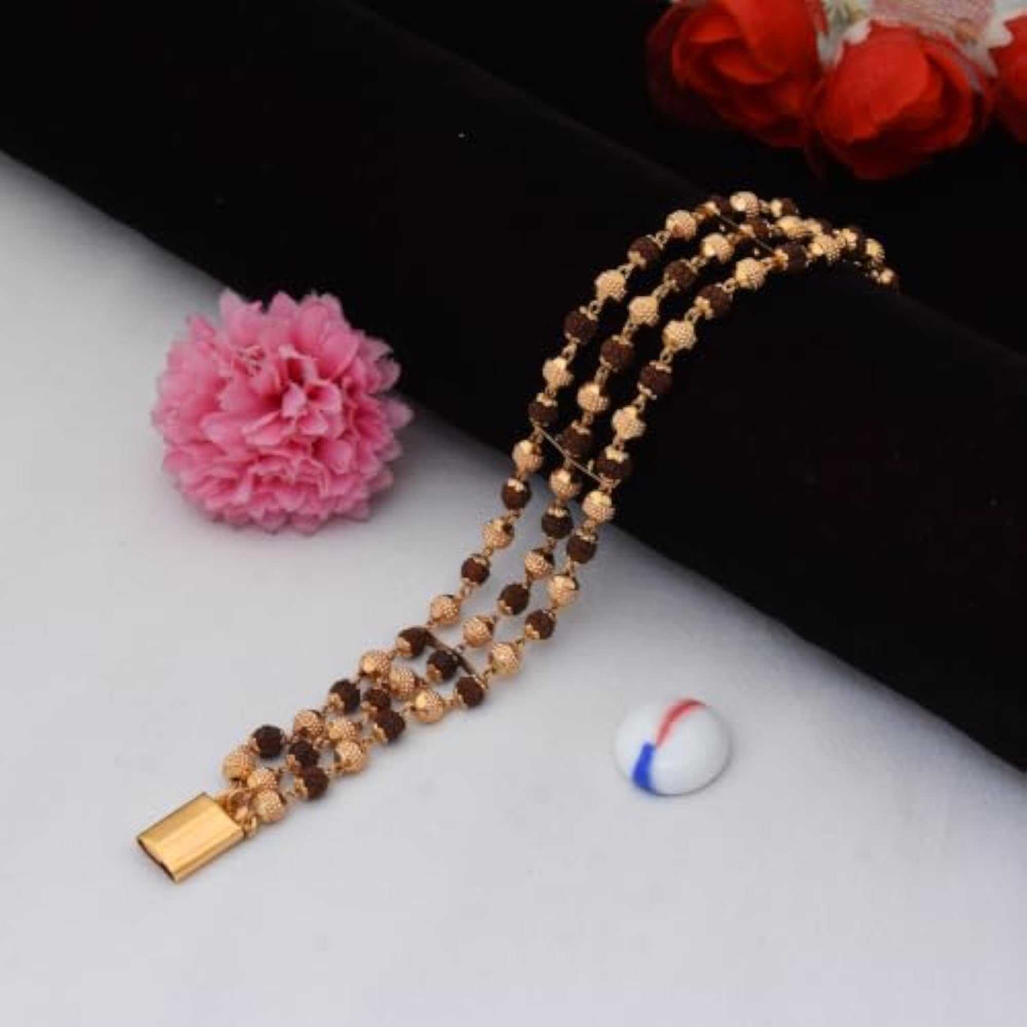 3 Line Gold Plated Rudraksha Bracelet, Brown Fancy Design