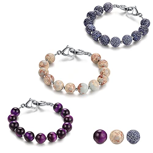 Jf.jewelry 3 Pcs Interchangeable Medical Alert Id Replacement Bracelet For Men & Women Natural Stone Crystal Turquoise Black Agate White Turquoise Beaded Chain Medical Alert Replacement Bracelet Link #TOP27