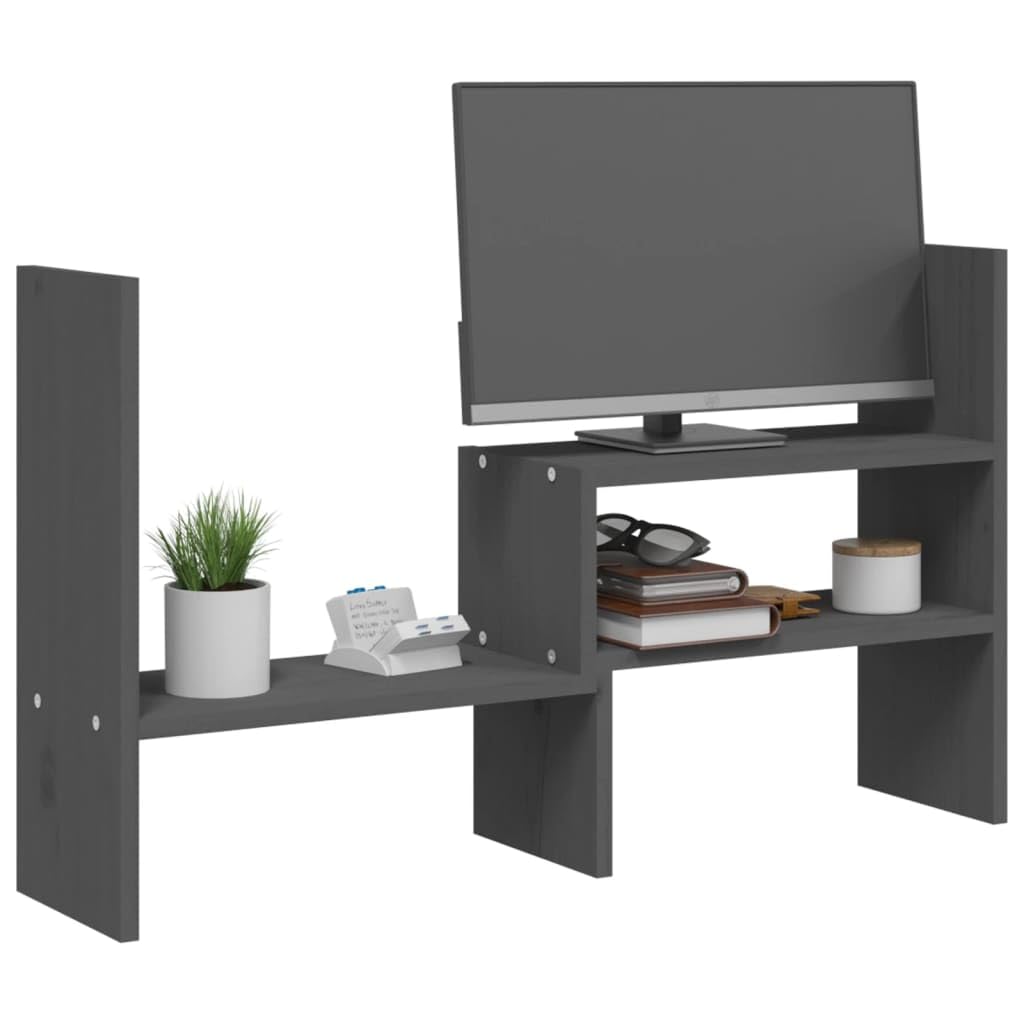 Supporto per monitor grigio in legno di pino massiccio, regolabile da 39 a 72 x 17 x 43 cm, per scrivania, piano di lavoro, ripiano e ordine in casa, con altezza ergonomica