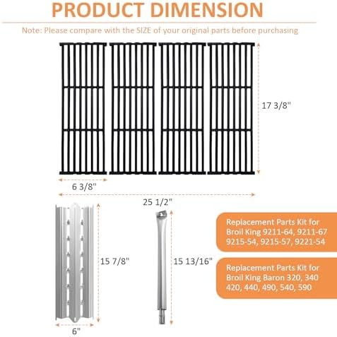 Grill Replacement Parts for Broil King Baron 320 Baron 340 Baron 420 Baron 440 Baron 490 Baron 540 Baron 590, 9221-64 6023-89 6120-64 9221-54 etc, Accessories with Grill Grates, Heat Plates, Burners - 3