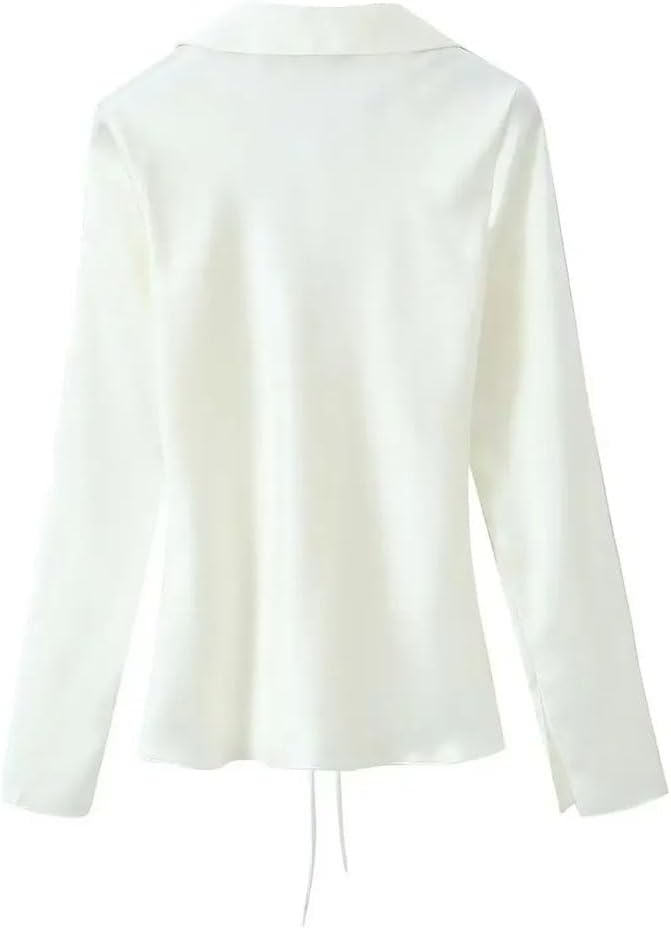Women's Bow Embellished Solid Color Long Sleeved Shirt Red M(6)
