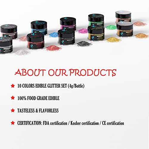Edible Glitter, Lite Supply 100% Edible & Food Grade Luster Dust For Drinks, Beer, Cake Decorating, Chocolates, Fondant, Strawberries, Cupcakes - Best Gifts For Women,10 Colors Set (4G/Bottle) #TOP3