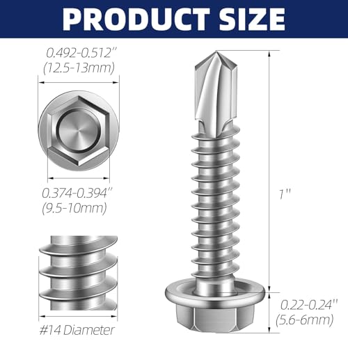 MewuDecor #14 x 1 (3/4" to 3" Available) Hex Washer Head Self Drilling Sheet Metal Screws with Drill Point, Stainless Steel 410, Pack of 50 - Thumbnail 2