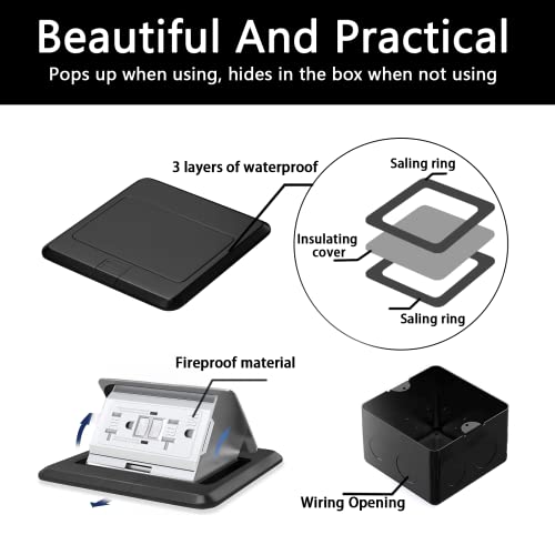 Pop Up Floor Box, Waterproof Floor Outlet Cover Plate Kit 20A Gfci Chargers Tamper-Resistant Receptacle Hidden Electrical Outlet For Kitchen Countertop (Black-Gfci) #TOP4