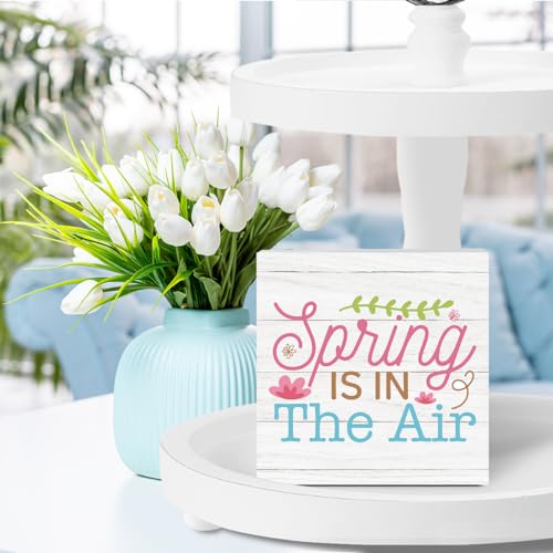 Spring Wood Block Plaque Spring Decor Flowers Desk Decor Rustic Decorative Wooden Box Sign Inspirational Floral Sign for Farmhouse Home Living Room Bathroom Cubicle Wall Shelf Tiered Tray Decoration