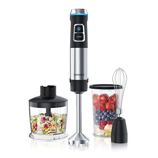 Arendo - Batidora de Mano de Acero Inoxidable de 1200 vatios - Velocidad Continua - Cuchilla de 4 Hojas - Vaso medidor de 800 ml - Incluye picadora de 500 ml - Batidora de Varillas - Pie Desmontable