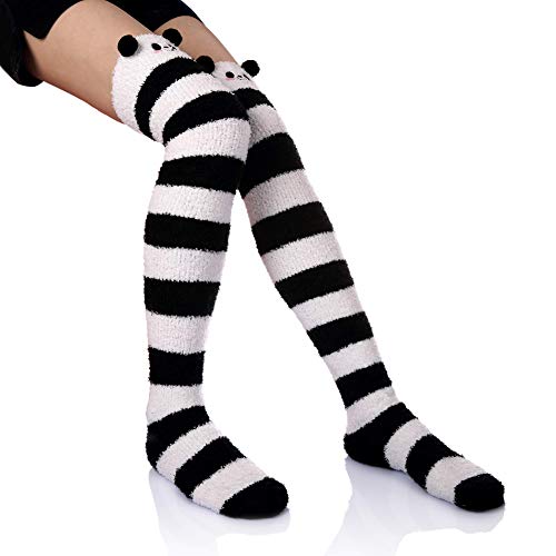 Image of Wander G Womens Over Knee High Fuzzy Socks Cute Cartoon Thigh High Stockings Warm Stripe Leg Warmers