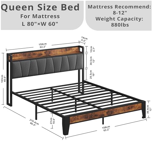 image for LIKIMIO Queen Bed Frame, Storage Headboard with Charging Station, Soli