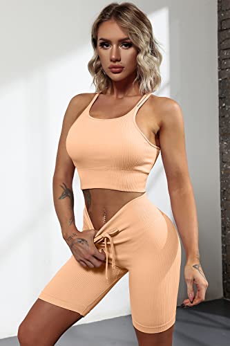 Qinsen Yoga Outfits For Women 2 Piece Set,High Round Neck Racer Back Stretchy Sport Bra Booty Short Orange S #TOP2