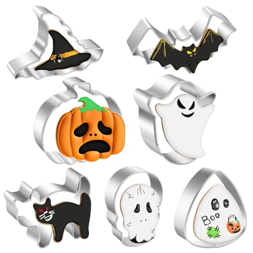 7 Pcs Halloween Cookie Cutters Set - Skull Bat Candy Corn Ghost Pumpkin Cookie Cutter Shapes, Holiday Stainless Steel Cookies