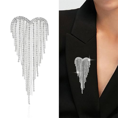 Image of Elegant Crystal Heart Shape Tassel Brooch Pin for Women Sparkly Rhinestones Tassel Brooch Beautiful Dress Suit Shirt Ceremony Clothes Wedding Party Jewelry Accessories