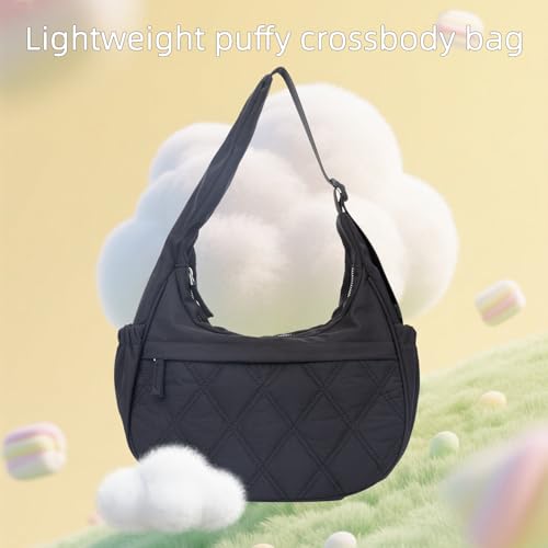 Image of JANKS Small Puffer Crescent Shoulder Bag for Women, Nylon Quilted Puffy Crossbody Purse, Cute Hobo Shoulder Handbags