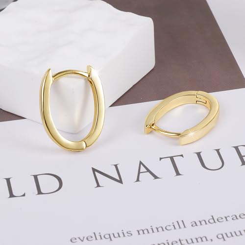 14K Gold Plated Huggie Hoop Earrings Small Chunky Gold Hoops Earrings for Women Trendy Hypoallergenic Gold Huggie Earrings Thick Lightweight Oval Hoops Earrings Jewelry Gifts for Women