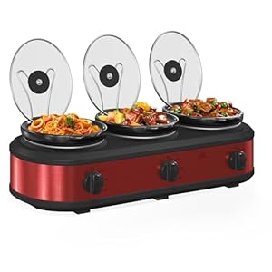 Triple Slow Cooker Buffet Server and Warmers, Small Slow Cooker with 3 Individual Adjustable Temp, 3 Dishwasher Safe Ceramic Pots, Total 4.5 Quarts, Red