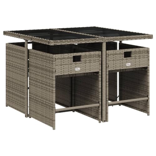 Image of 5-Piece Patio Dining Set with 4 Grey Chairs, Tempered Glass Tabletop, and Removable Cushions for Outdoor Relaxation and Entertaining, Foldable Stackable Furniture